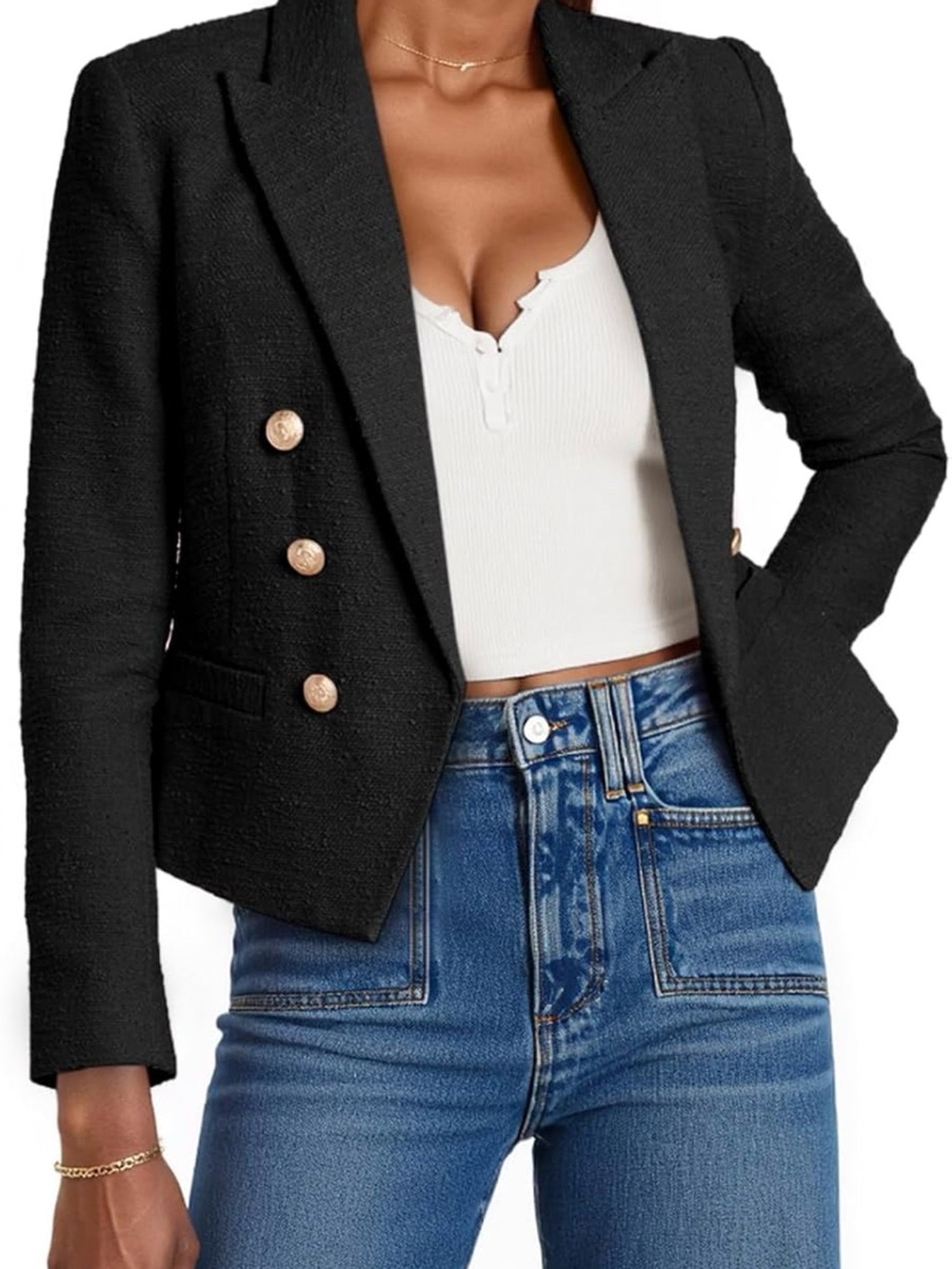 Women's Black Double-Breasted Textured Blazer with Gold Buttons